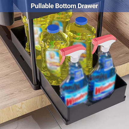 2 Tier Under Sink Organiser Pull Out Rack Hook Cup 39.5x21.5x35.5cm