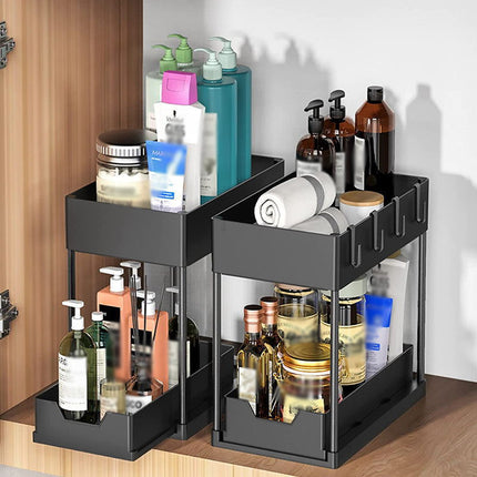 2 Tier Under Sink Organiser Pull Out Rack Hook Cup 39.5x21.5x35.5cm