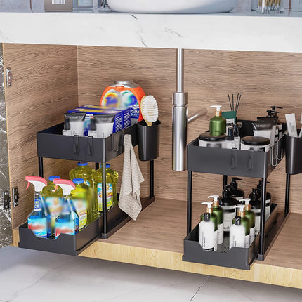 2 Tier Under Sink Organiser Pull Out Rack Hook Cup 39.5x21.5x35.5cm