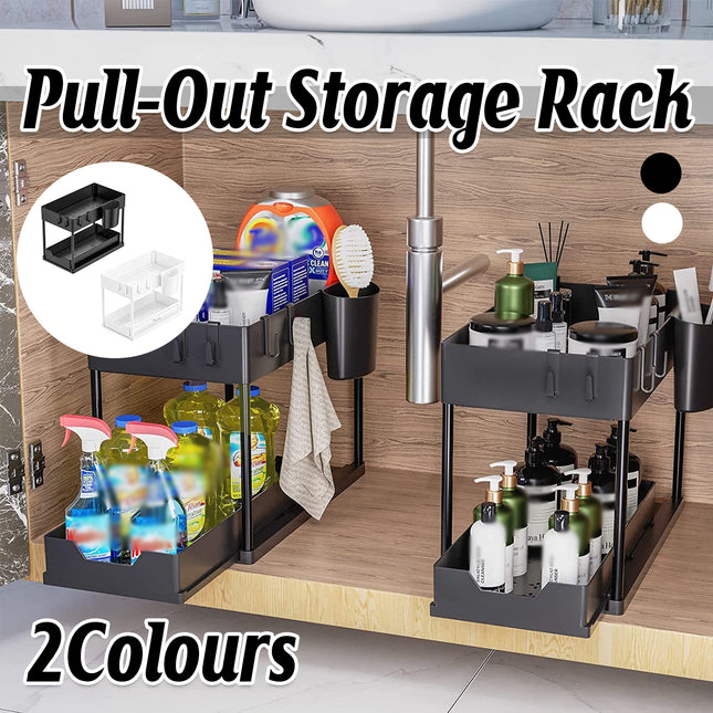 2 Tier Under Sink Organiser Pull Out Rack Hook Cup 39.5x21.5x35.5cm