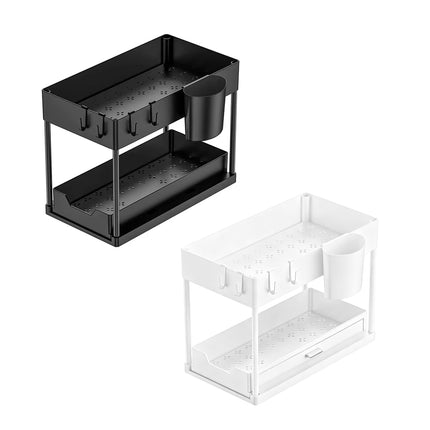 2 Tier Under Sink Organiser Pull Out Rack Hook Cup 39.5x21.5x35.5cm