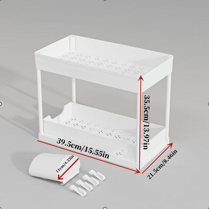 2 Tier Under Sink Organiser Pull Out Rack Hook Cup 39.5x21.5x35.5cm