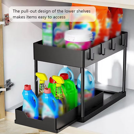 2 Tier Under Sink Organiser Pull Out Rack Hook Cup 39.5x21.5x35.5cm