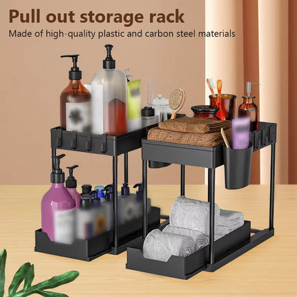 2 Tier Under Sink Organiser Pull Out Rack Hook Cup 39.5x21.5x35.5cm