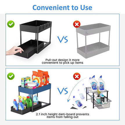 2 Tier Under Sink Organiser Pull Out Rack Hook Cup 39.5x21.5x35.5cm