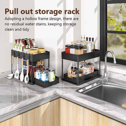2 Tier Under Sink Organiser Pull Out Rack Hook Cup 39.5x21.5x35.5cm