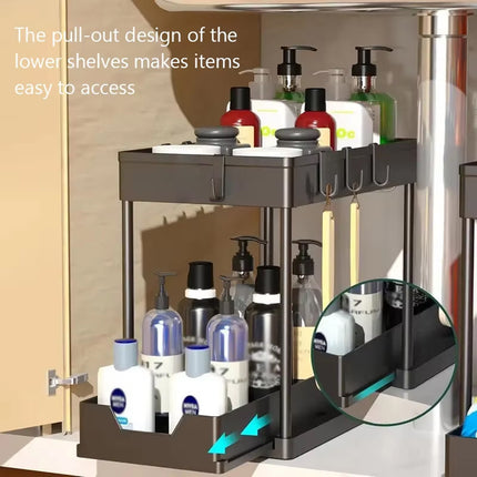 2 Tier Under Sink Organiser Pull Out Rack Hook Cup 39.5x21.5x35.5cm