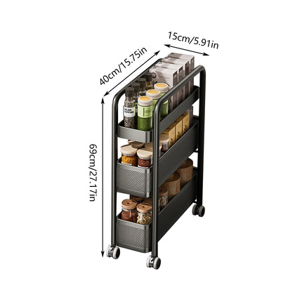3-Tier Slim Pull-Out Storage Trolley - Gap Cabinet Kitchen Organiser on Wheels