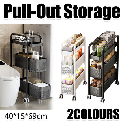 3-Tier Slim Pull-Out Storage Trolley - Gap Cabinet Kitchen Organiser on Wheels