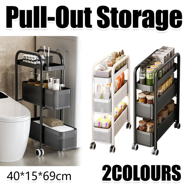 3-Tier Slim Pull-Out Storage Trolley - Gap Cabinet Kitchen Organiser on Wheels