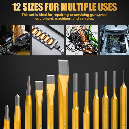 12Pcs Metal Punch Chisel Tool Set Steel Hand Punch Kit For Diy Auto Repair Use