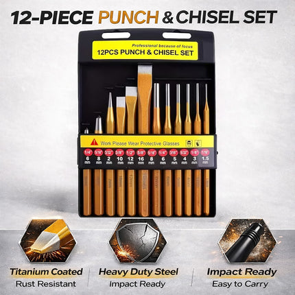 12Pcs Metal Punch Chisel Tool Set Steel Hand Punch Kit For Diy Auto Repair Use