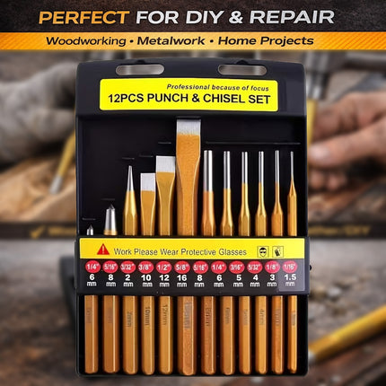 12Pcs Metal Punch Chisel Tool Set Steel Hand Punch Kit For Diy Auto Repair Use