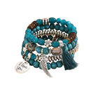 Boho Multilayer Bracelet Set with Turquoise Crystal Tassel and Charms for Women