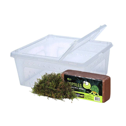 Tortoise Reptile Hibernation Kit Feeding Box Coconut Brick and Moss