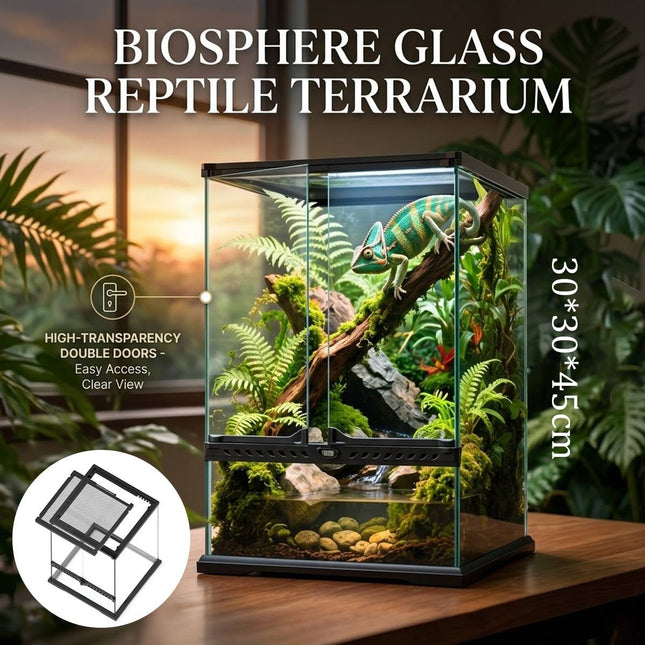 Glass Reptile Terrarium Double Door Panoramic Rainforest Tank for Lizards Frogs