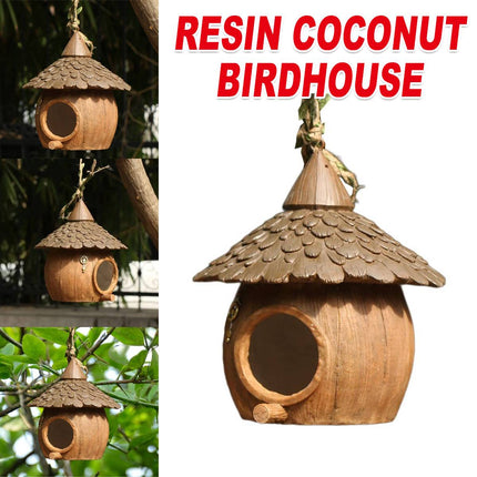 Resin Coconut Hanging Bird House - Rustic Garden Tree Nest Decoration