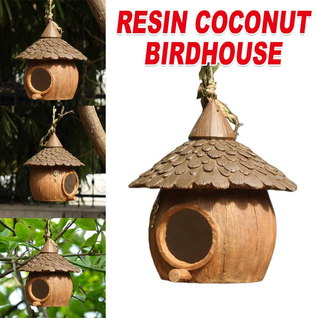 Resin Coconut Hanging Bird House - Rustic Garden Tree Nest Decoration
