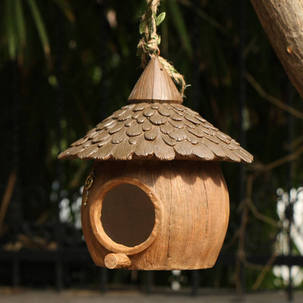 Resin Coconut Hanging Bird House - Rustic Garden Tree Nest Decoration