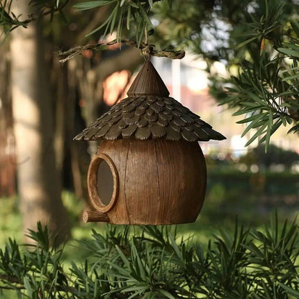 Resin Coconut Hanging Bird House - Rustic Garden Tree Nest Decoration