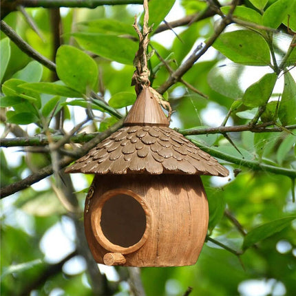 Resin Coconut Hanging Bird House - Rustic Garden Tree Nest Decoration