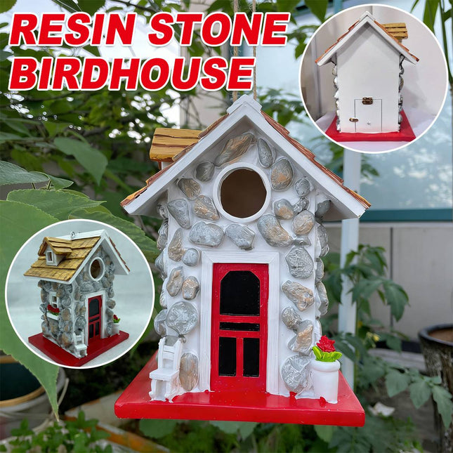 Resin Stone Cottage Hanging Bird House - Garden Courtyard Nest Decoration
