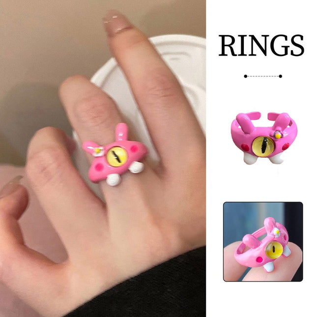 Pink Little Monster Open Ring Cute Kitty Cat Celebrity Sweet Ring Funny Devil Little Pink Rabbit