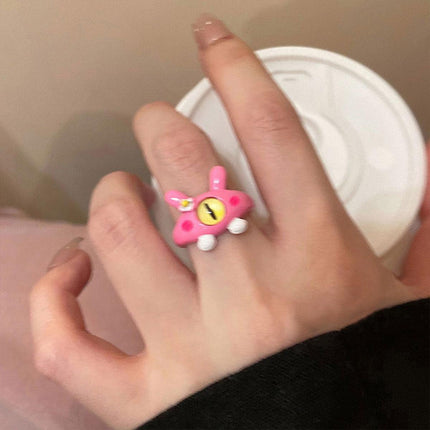 Pink Little Monster Open Ring Cute Kitty Cat Celebrity Sweet Ring Funny Devil Little Pink Rabbit