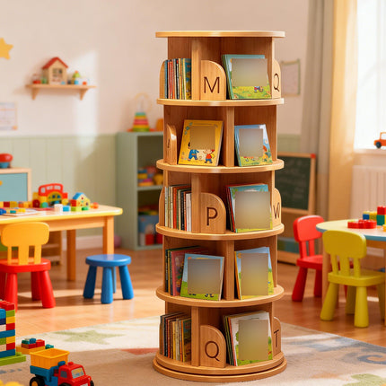 Solid Wood Rotating Bookshelf 360° Spinning Bookcase Wall Mount Storage