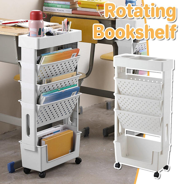 5 Tier Rolling Book Rack Movable Bookshelf Storage Organizer Shelf with Wheels