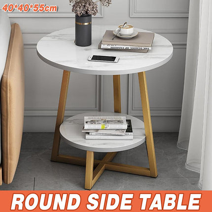 Round Side Table 2 Tier White Nightstand Coffee Sofa End Table Marble Design