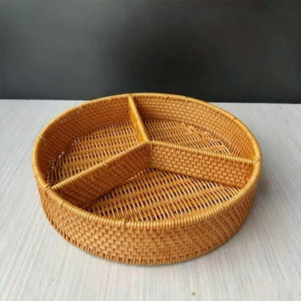 Round Rattan Style Storage Basket 3 Compartment Organiser Tray PP Woven