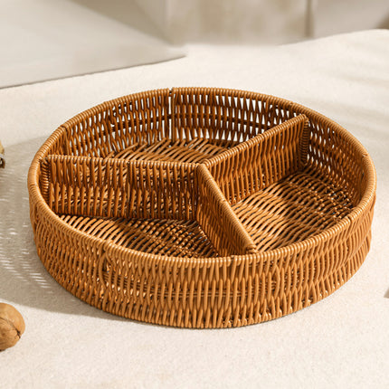 Round Rattan Style Storage Basket 3 Compartment Organiser Tray PP Woven