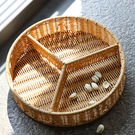 Round Rattan Style Storage Basket 3 Compartment Organiser Tray PP Woven