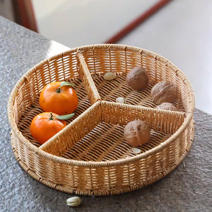Round Rattan Style Storage Basket 3 Compartment Organiser Tray PP Woven