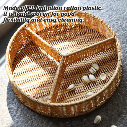 Round Rattan Style Storage Basket 3 Compartment Organiser Tray PP Woven