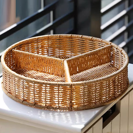 Round Rattan Style Storage Basket 3 Compartment Organiser Tray PP Woven