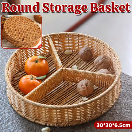 Round Rattan Style Storage Basket 3 Compartment Organiser Tray PP Woven