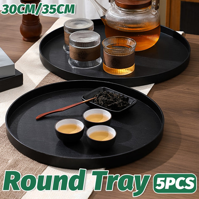 5Pcs Round Tray Set Wood Grain Look PP Storage Tray Home Organiser
