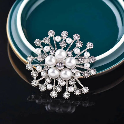 Snowflake Imitation Pearl Brooch Rhinestone Metal Alloy Pin For Coats Dresses