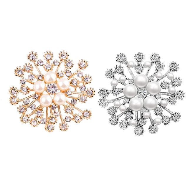 Snowflake Imitation Pearl Brooch Rhinestone Metal Alloy Pin For Coats Dresses