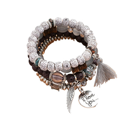 Boho Multilayer Bracelet Set with Turquoise Crystal Tassel and Charms for Women