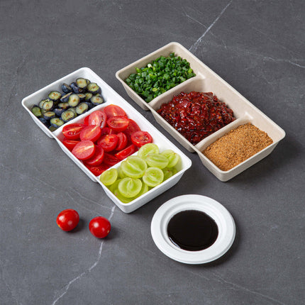 30PCS Disposable Pulp Three-Compartment Dip Box for Sushi BBQ Sauce Condiment