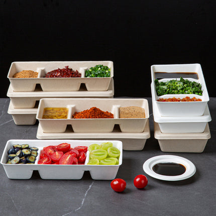 30PCS Disposable Pulp Three-Compartment Dip Box for Sushi BBQ Sauce Condiment