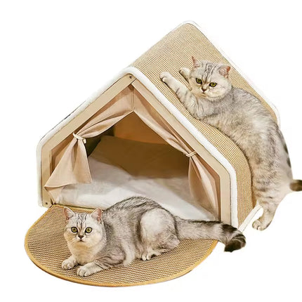Cat Tent House Semi Enclosed Nest Cat Bed Scratch Board Indoor Kitten Shelter