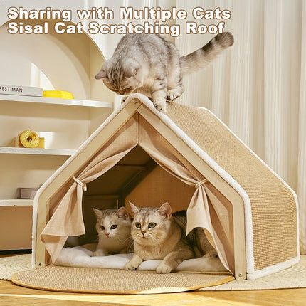 Cat Tent House Semi Enclosed Nest Cat Bed Scratch Board Indoor Kitten Shelter