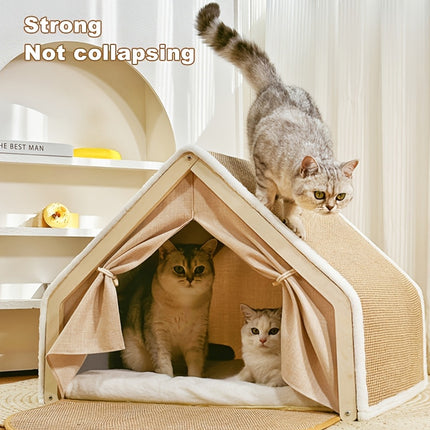 Cat Tent House Semi Enclosed Nest Cat Bed Scratch Board Indoor Kitten Shelter