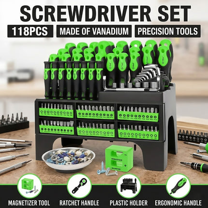 118pc Screwdriver Set Chrome Vanadium Steel Precision Bits Magnetic Rack Repair