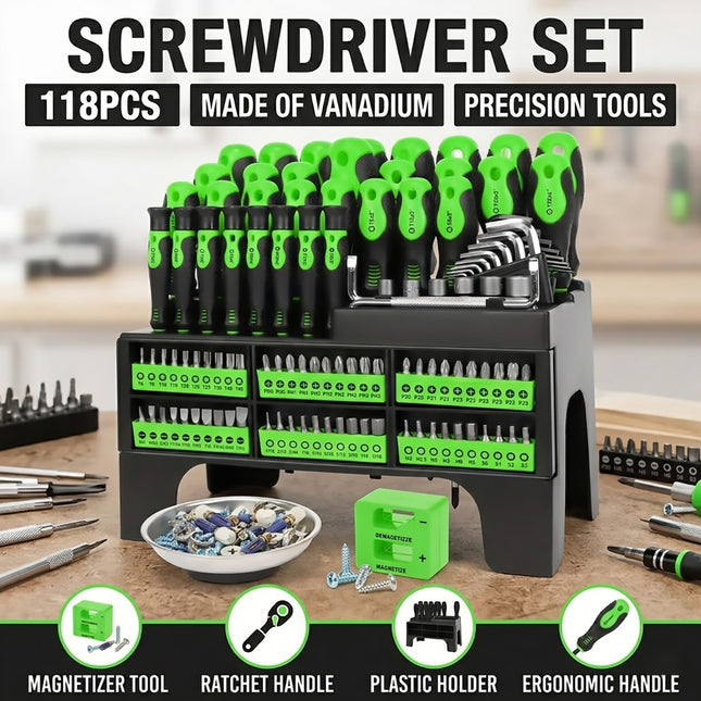 118pc Screwdriver Set Chrome Vanadium Steel Precision Bits Rack Repair Tools