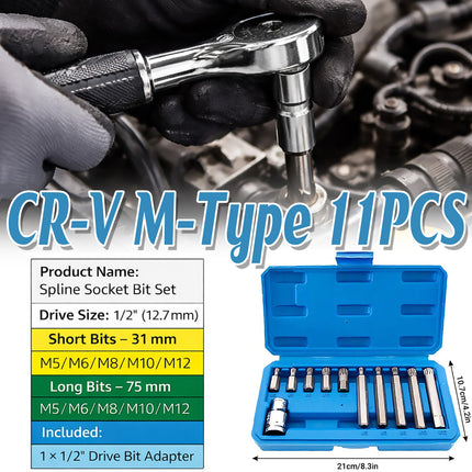 11PCS CR-V M-Type Spline Socket Bit Set Driver Drill Bit Tool Kit Car Repair